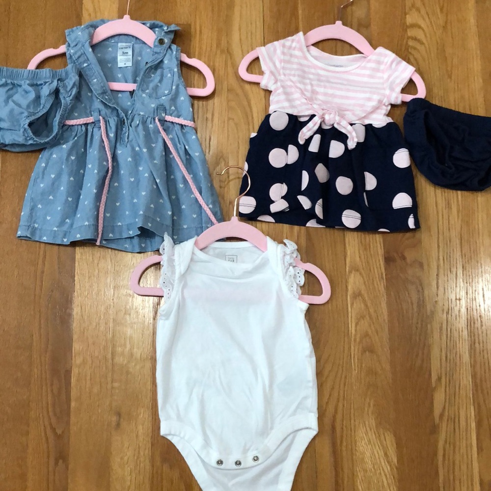Carters and Baby Gap never worn 3M dresses and onesie.